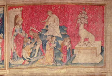 Anbetung des Bildes des Tieres, aus dem Apokalypse-Wandteppich von Angers, 1373-87